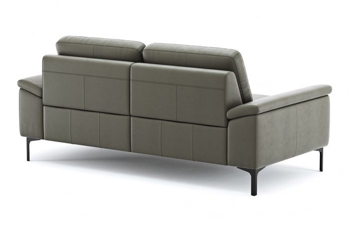 Rückseite des 2-Sitzer-Ledersofa mit dunkelgrauem Bezug und schwarzen Metallfüßen