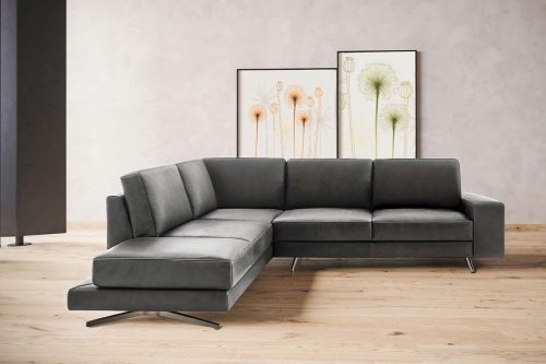 Graues Ecksofa in Leder mit Metallkufe