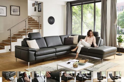 Schwarzes Ledersofa in L-Form mit Kopfstütze und Metallfüßen