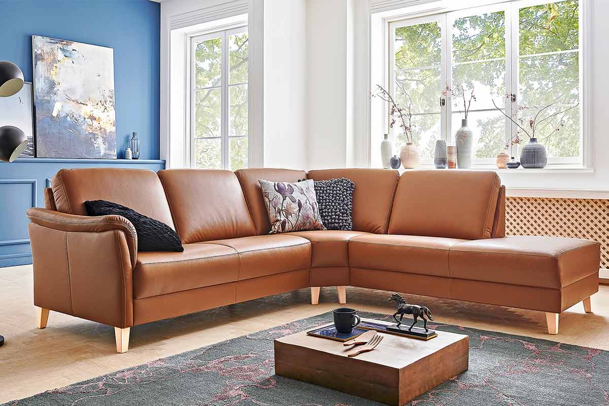 Hochwertiges Ecksofa in cognacfarbigem Leder • O&N Polsterhaus