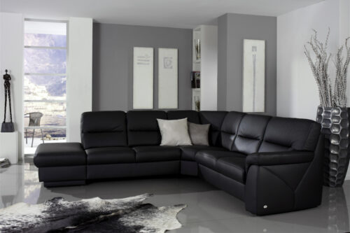 Schwarzes Hochlehnersofa in Leder und mit Einzug im Rücken