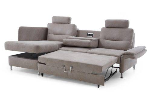 Taupefarbenes Ecksofa mit vielen Funktionen und Einzug im Rücken