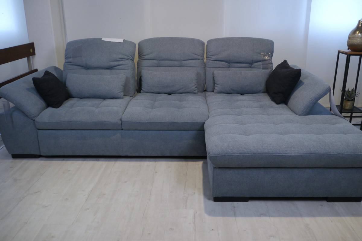 Blaugraues Ecksofa in Stoff mit Steppung im Sitz