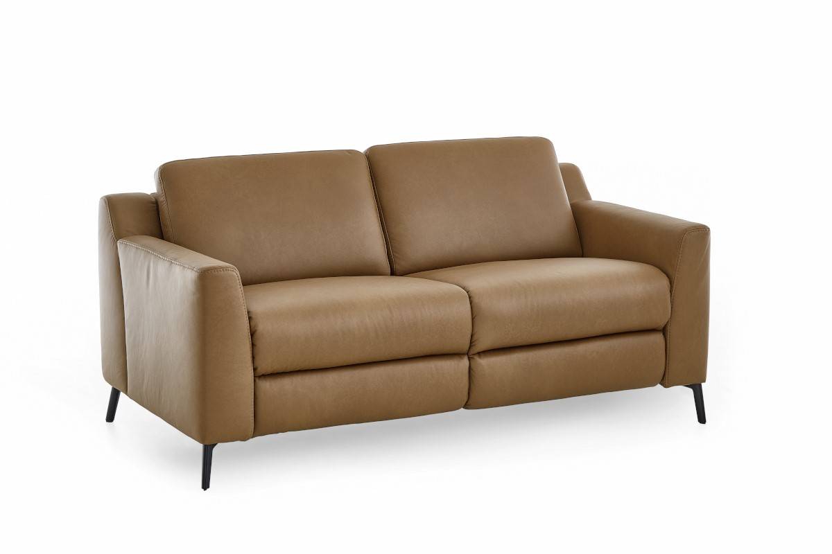 Cognacfarbenes Ledersofa mit schwarzen Metallfüßen