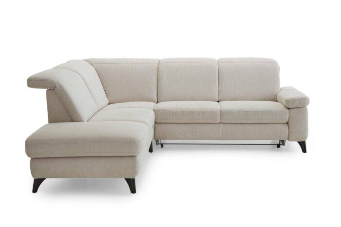 Beiges Ecksofa in Stoff mit schwarzen Metallrundfüßen