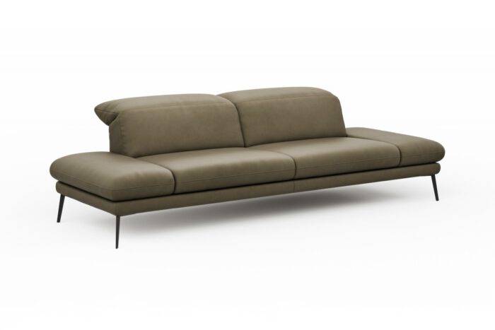 Ledersofa in Olivegrün mit schwarzen Metallfüßen