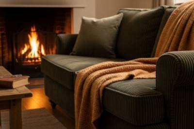 Gemütliches grunes Cordsofa mit Kuscheldecke und Kamin-blog