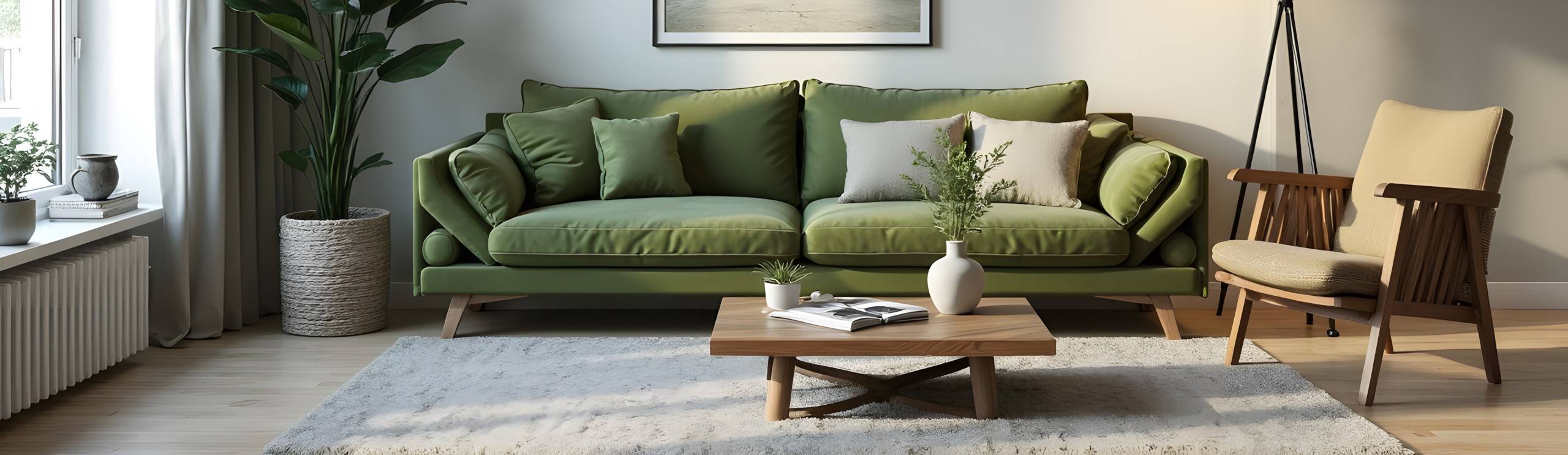 Grünes Sofa in Wohnzimmer mit Holzmöbeln