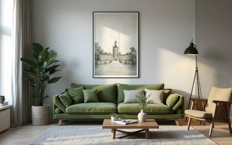 Grünes Sofa in Wohnzimmer mit Holzmöbeln-header-mobil